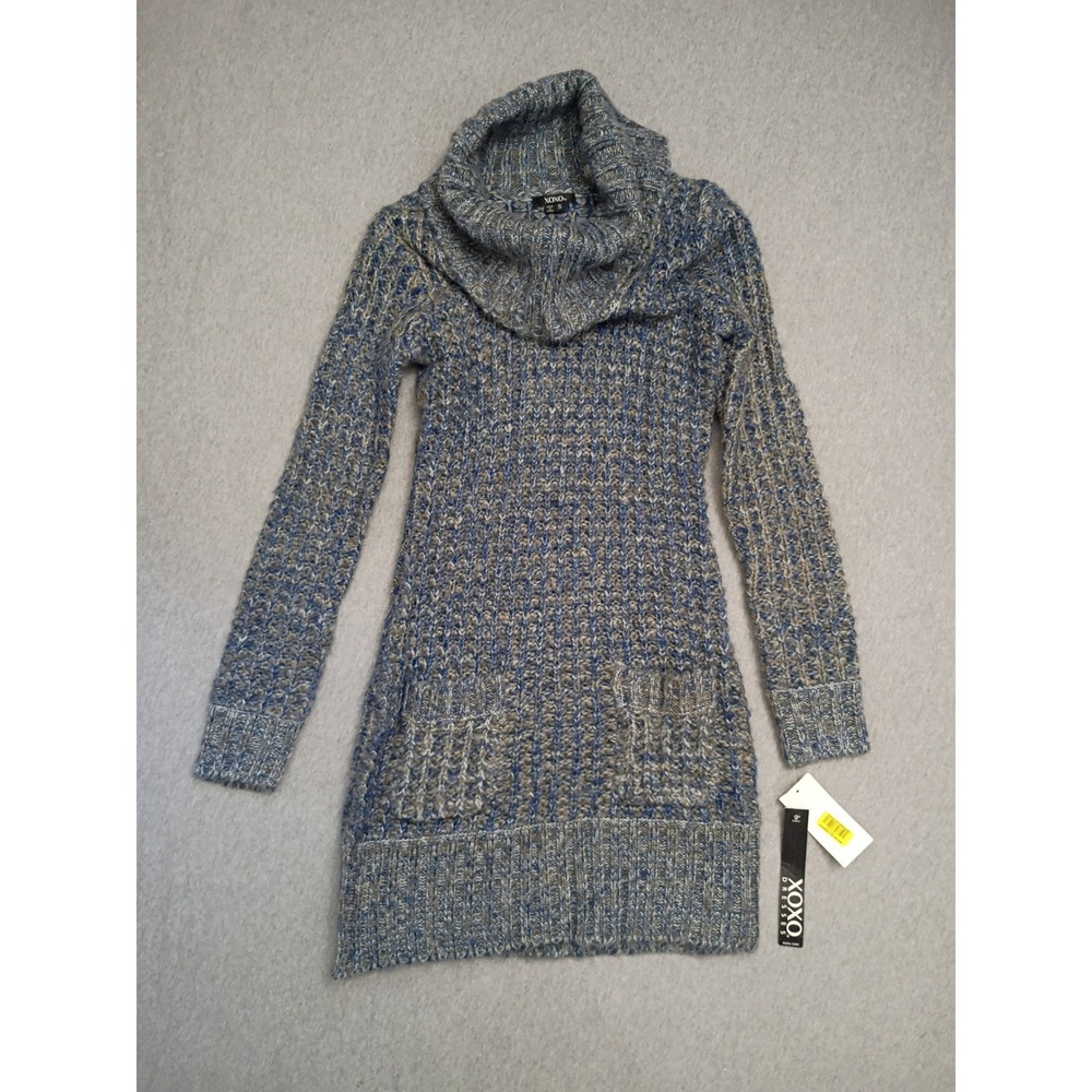 XOXO Womens Blue Tan Marled Cowl Neck Sweater Dress Pockets 2224ZGV0 Small NWT